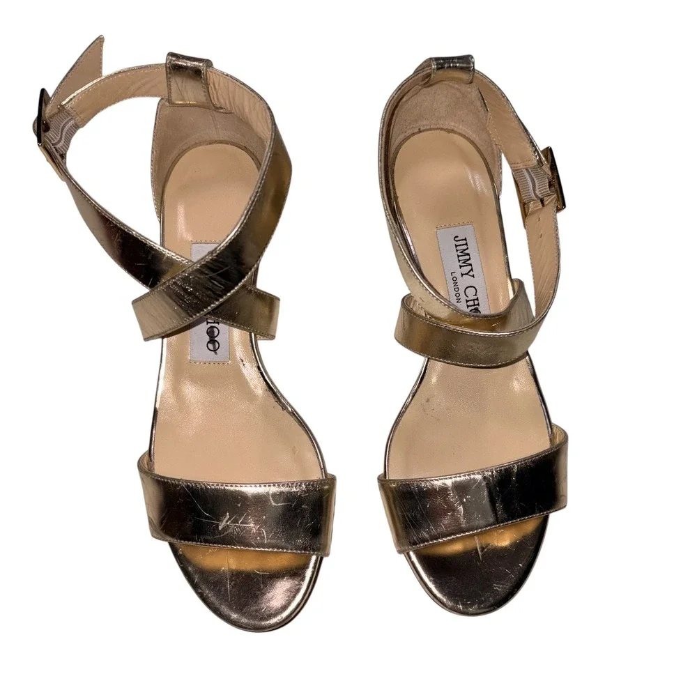 Jimmy Choo Wedge Sandals 35 Gold Metallic Leather Strappy Buckle Ankle Strap